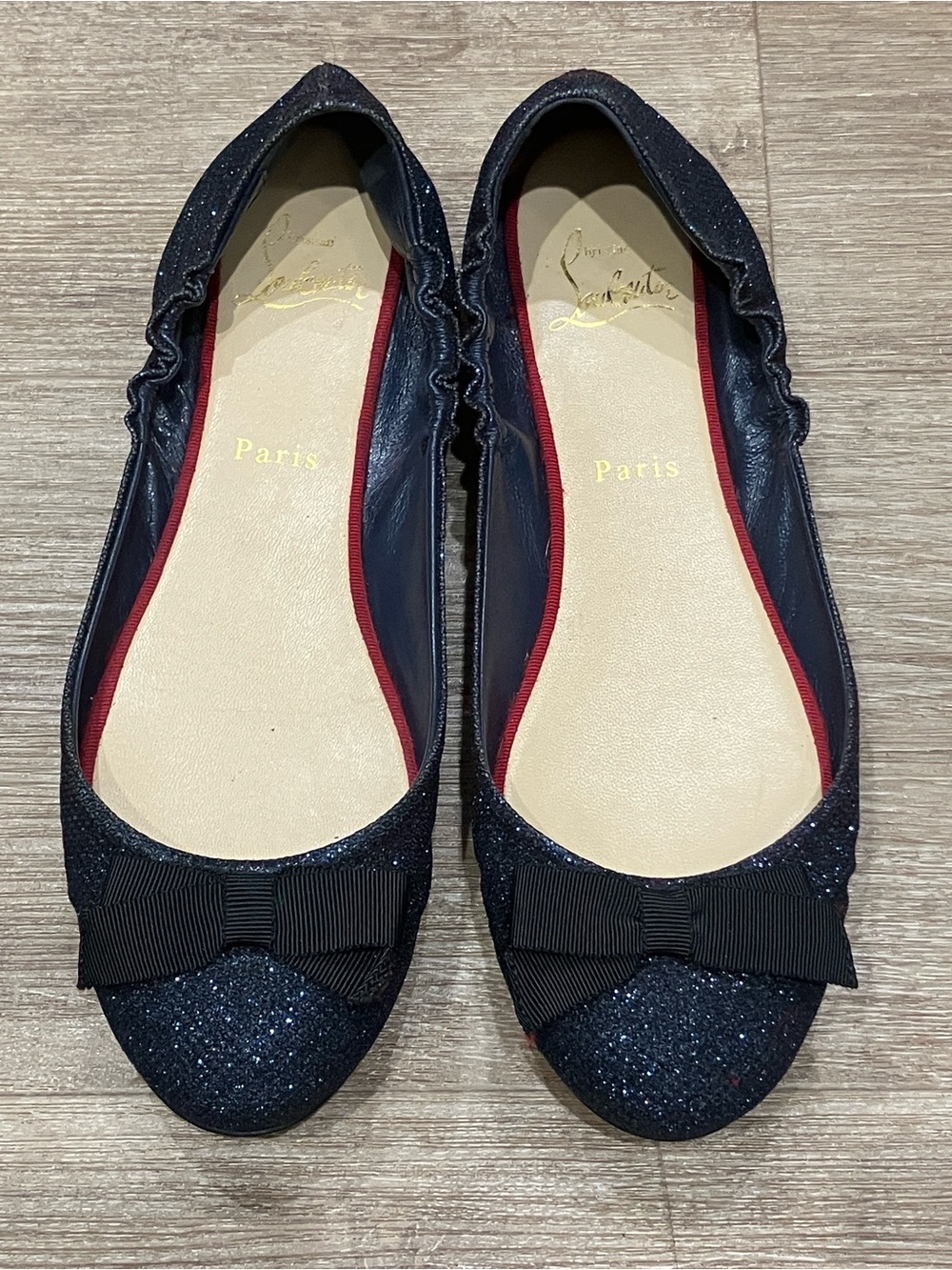 Christian Louboutin Navy denim Glitter Ballet Flats with Bow 37.5